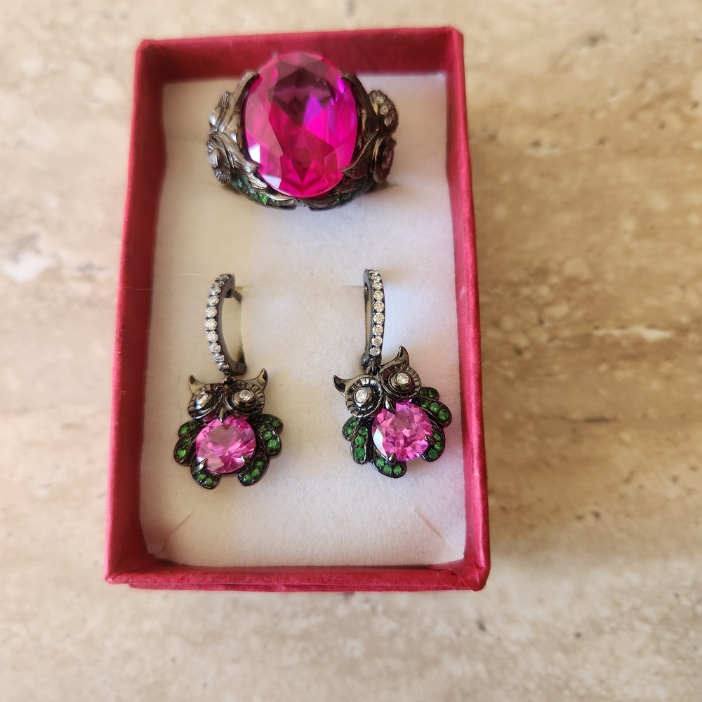 VTG 925 Sterling Silver Pink Topaz  & Rhinestone Ring & Earring Set Size 8 Owls
